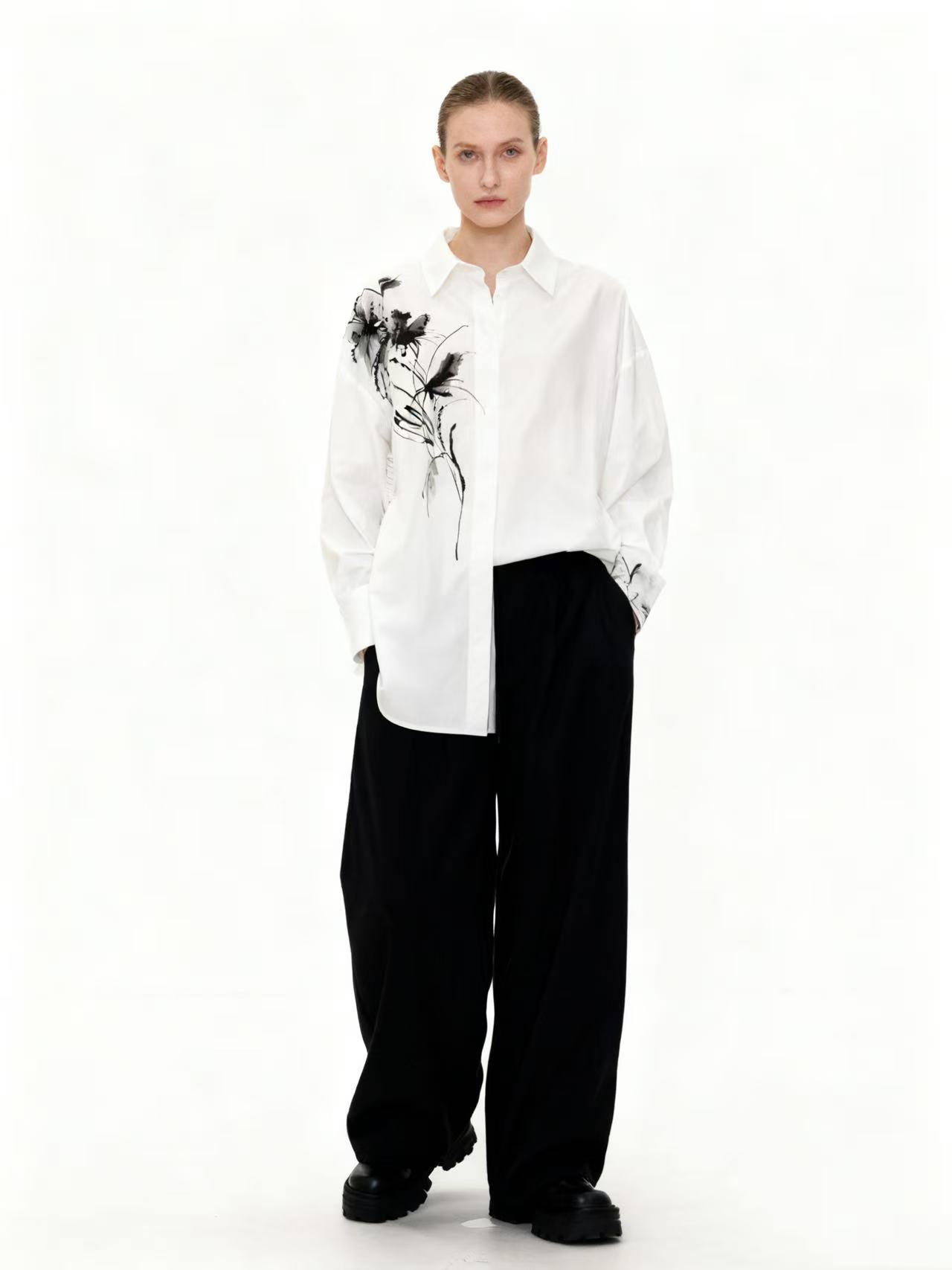 Full-length styling view of white floral shirt SH_26008