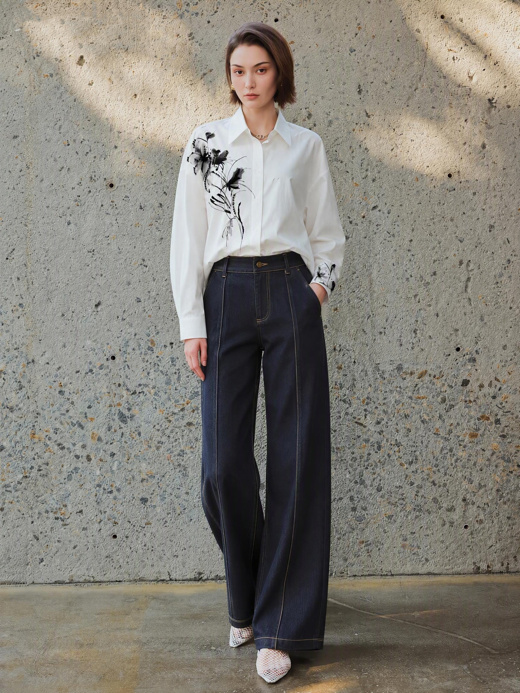 Full styling view of white cotton shirt SH_26008 with dark trousers